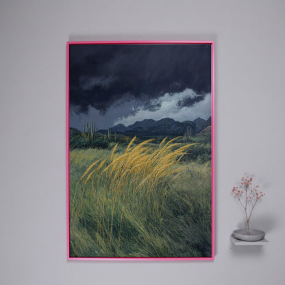 Stormy Prairie Canvas with Cacti and Golden Grass in pink floating frame