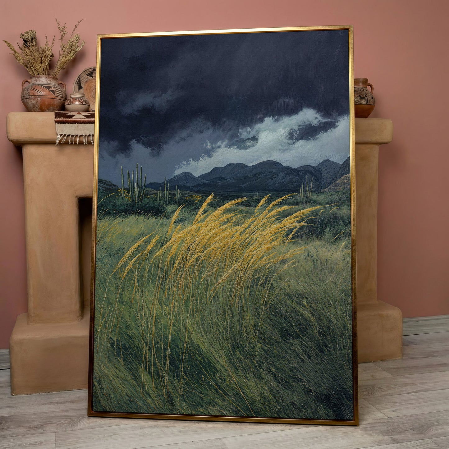 Stormy Prairie Canvas with Cacti and Golden Grass in rose gold floating frame