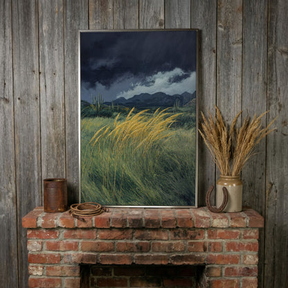 Stormy Prairie Canvas with Cacti and Golden Grass in silver floating frame