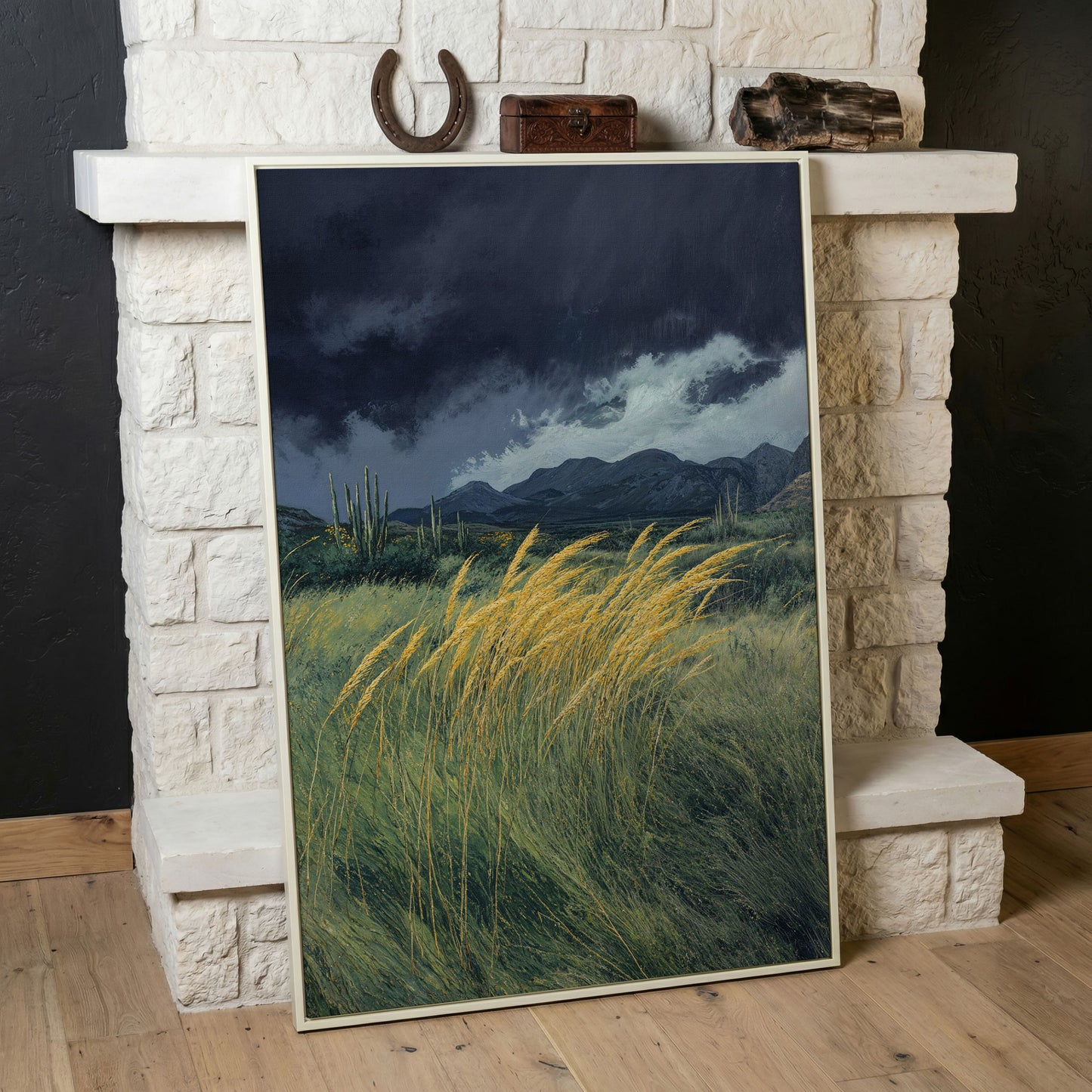 Stormy Prairie Canvas with Cacti and Golden Grass in white floating frame
