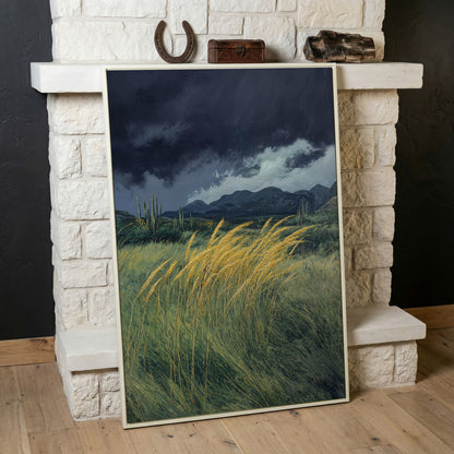 Stormy Prairie Canvas with Cacti and Golden Grass in white floating frame