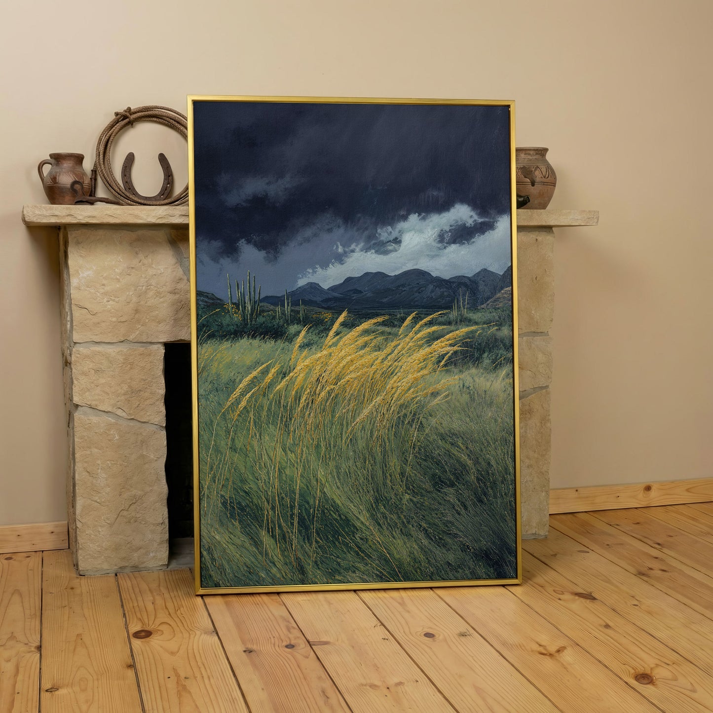 Stormy Prairie Canvas with Cacti and Golden Grass in yellow gold floating frame