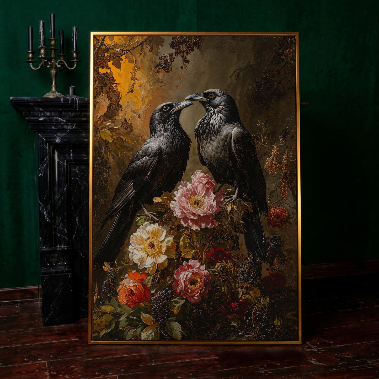 Raven and Floral Gothic Canvas in antique gold floating frame