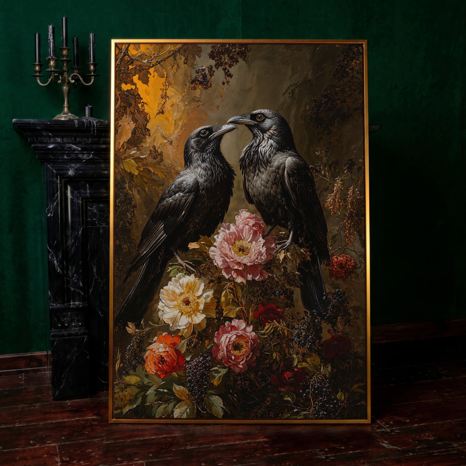 Raven and Floral Gothic Canvas in antique gold floating frame