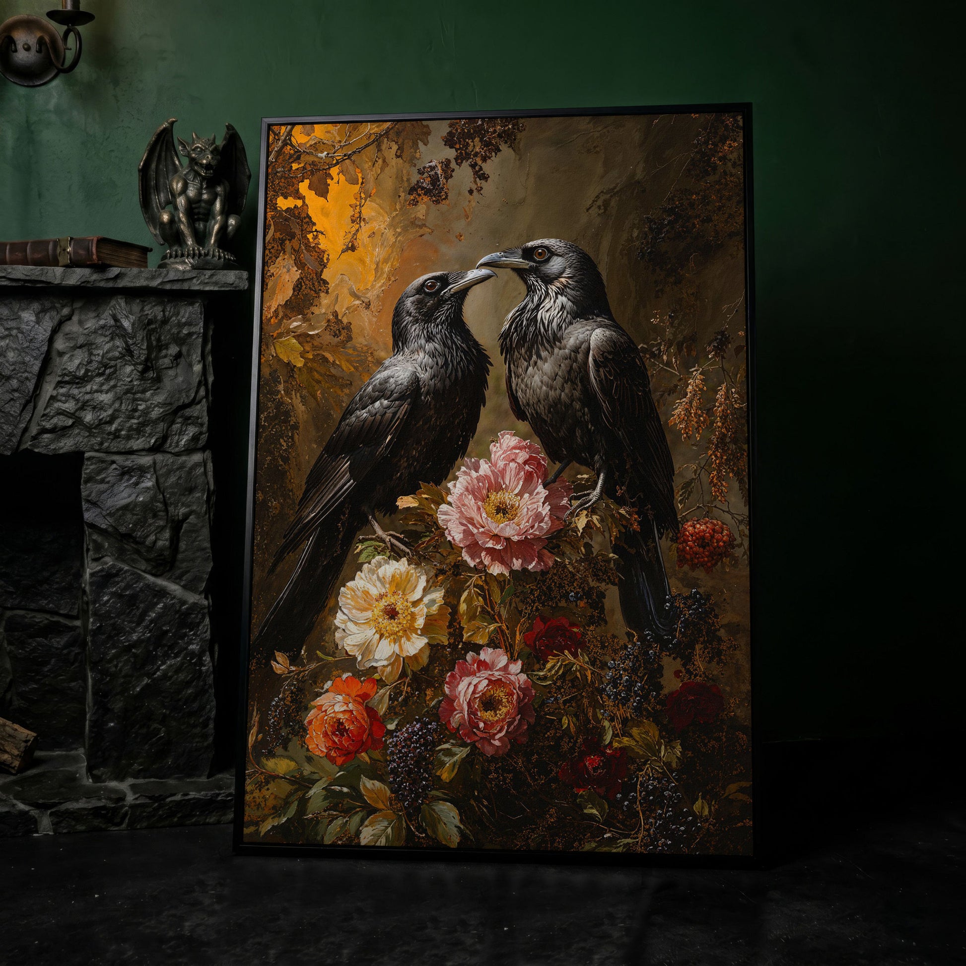Raven and Floral Gothic Canvas in black floating frame