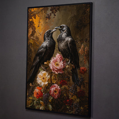 Raven and Floral Gothic Canvas shown in black floating frame