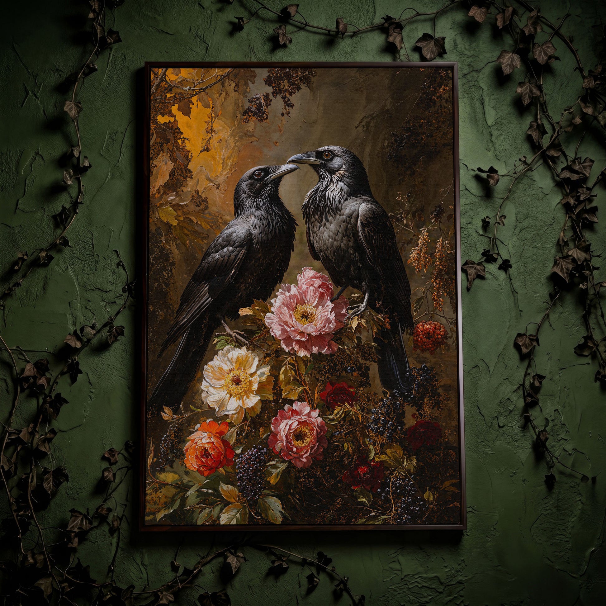 Raven and Floral Gothic Canvas in dark walnut floating frame