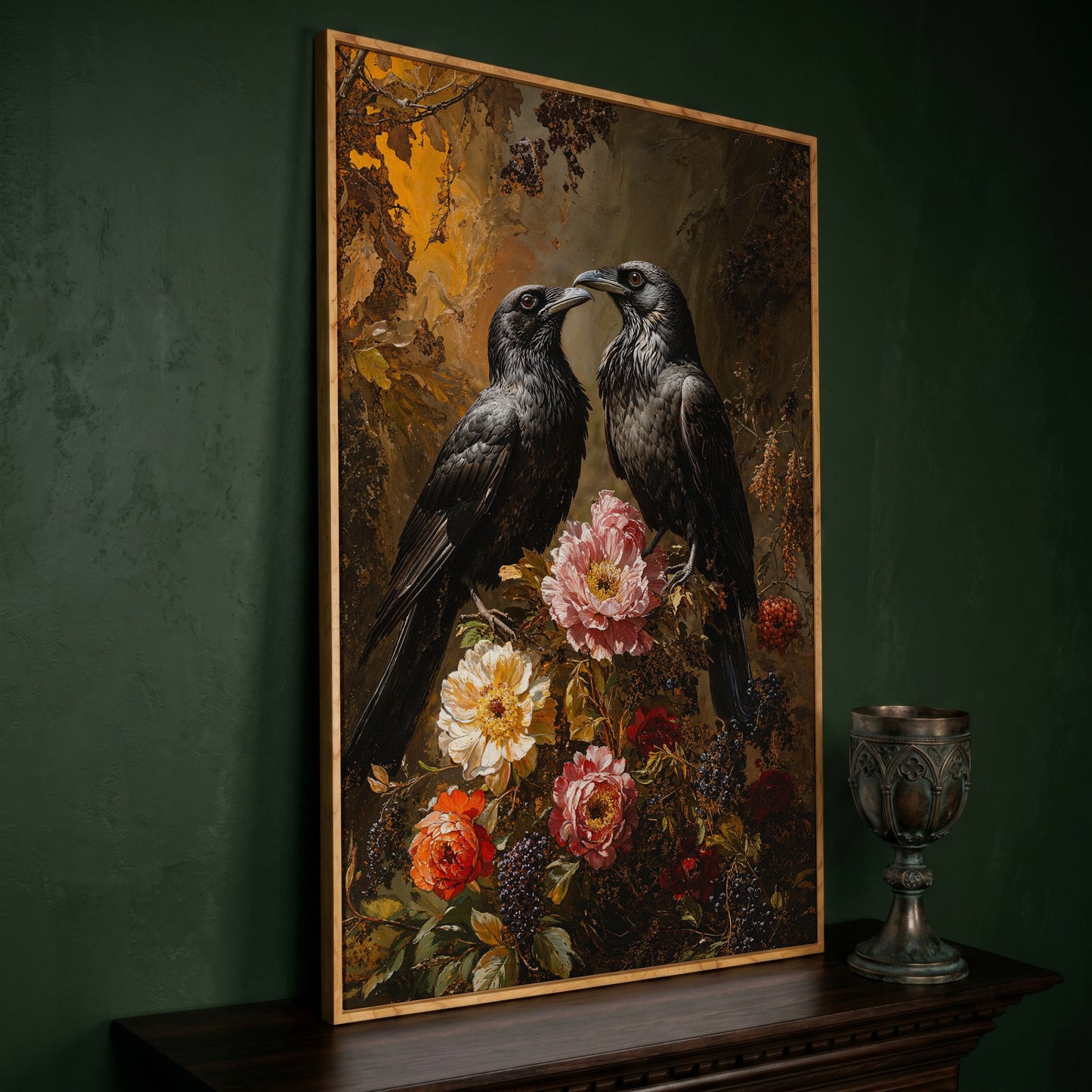 Raven and Floral Gothic Canvas in white oak floating frame