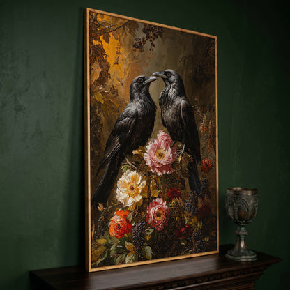 Raven and Floral Gothic Canvas in white oak floating frame