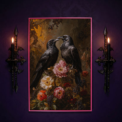 Raven and Floral Gothic Canvas in pink floating frame