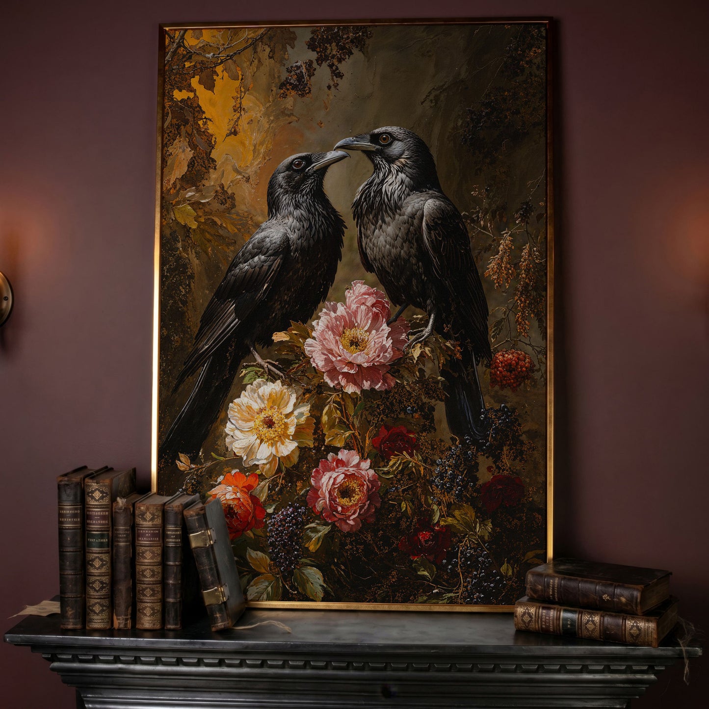 Raven and Floral Gothic Canvas in rose gold floating frame