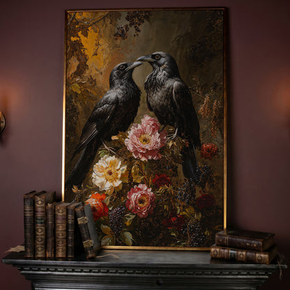 Raven and Floral Gothic Canvas in rose gold floating frame