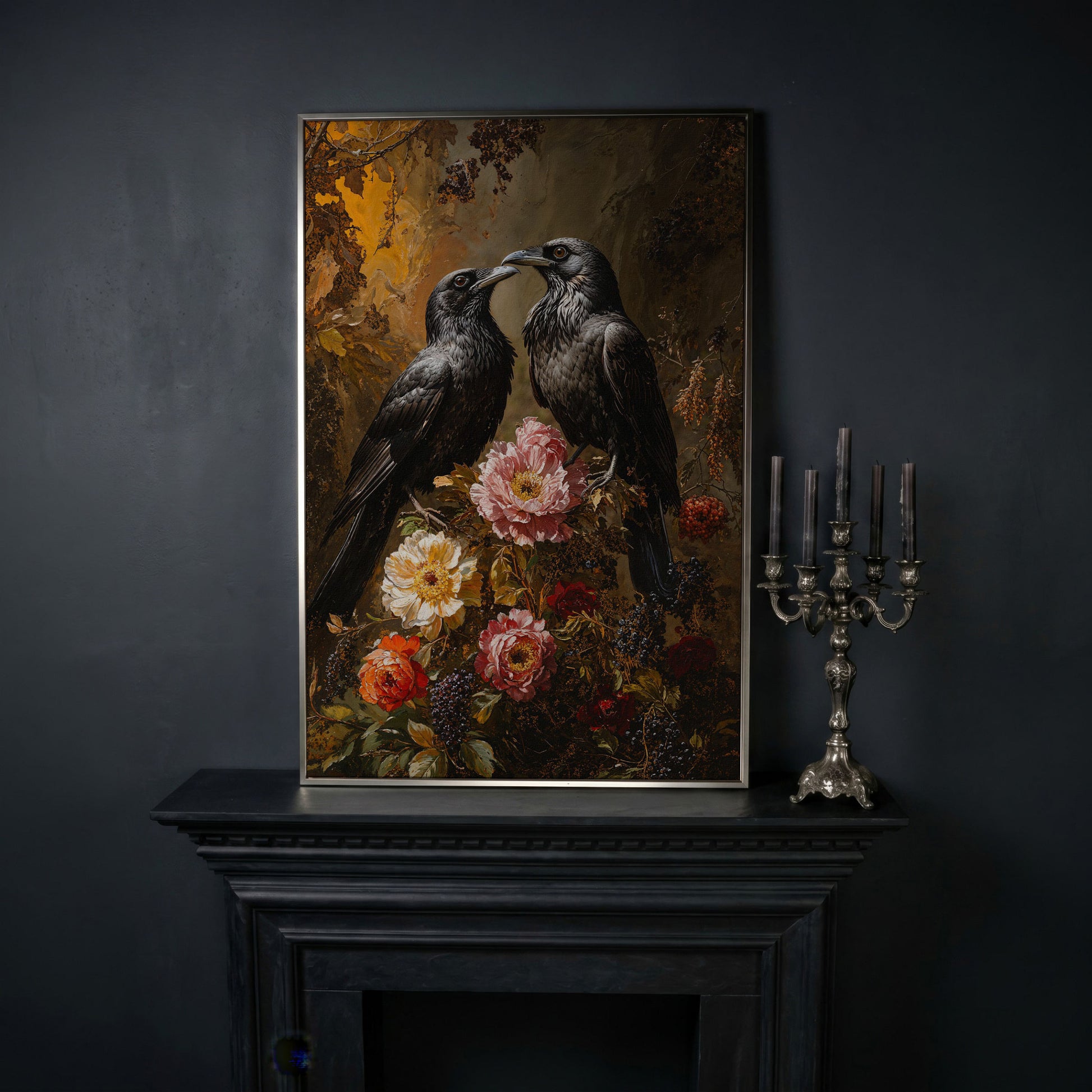 Raven and Floral Gothic Canvas in silver floating frame