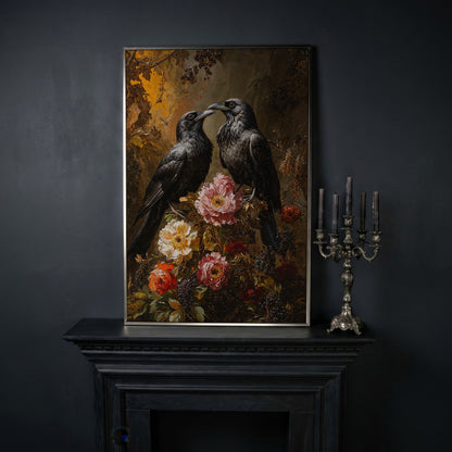 Raven and Floral Gothic Canvas in silver floating frame