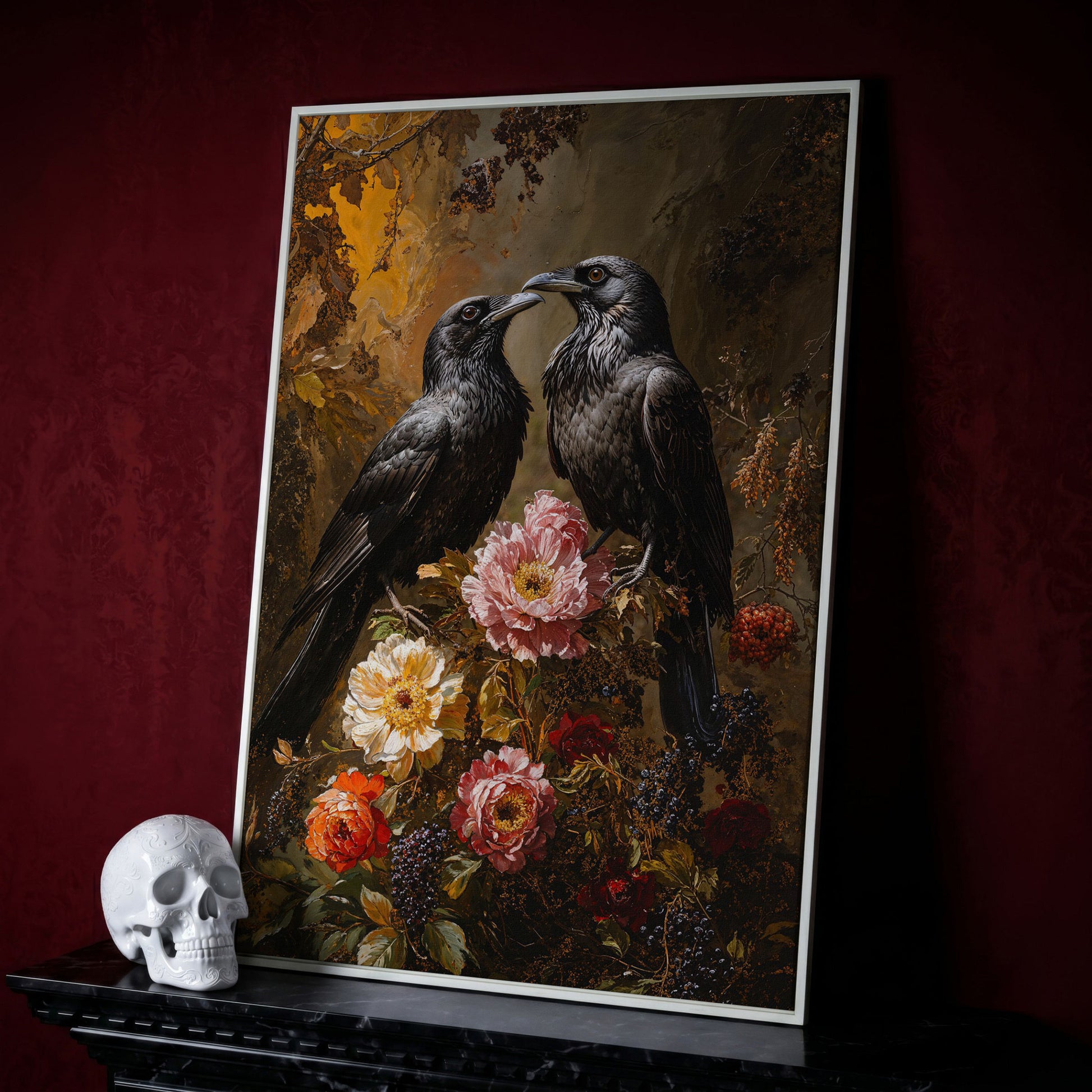 Raven and Floral Gothic Canvas in white floating frame
