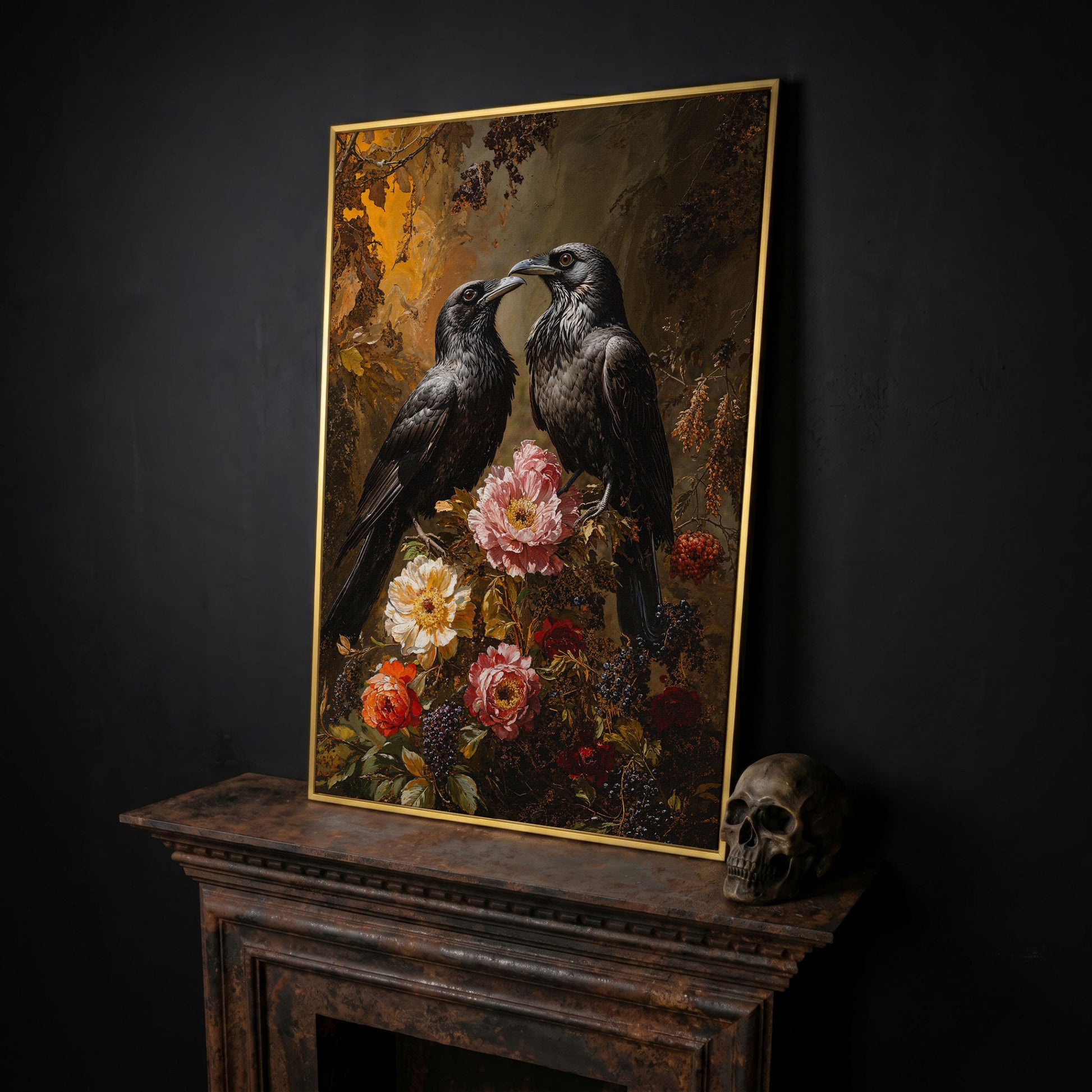 Raven and Floral Gothic Canvas in yellow gold floating frame