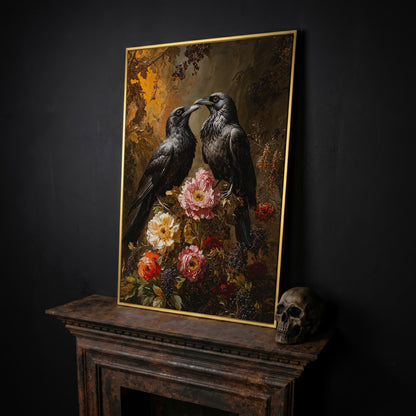 Raven and Floral Gothic Canvas in yellow gold floating frame