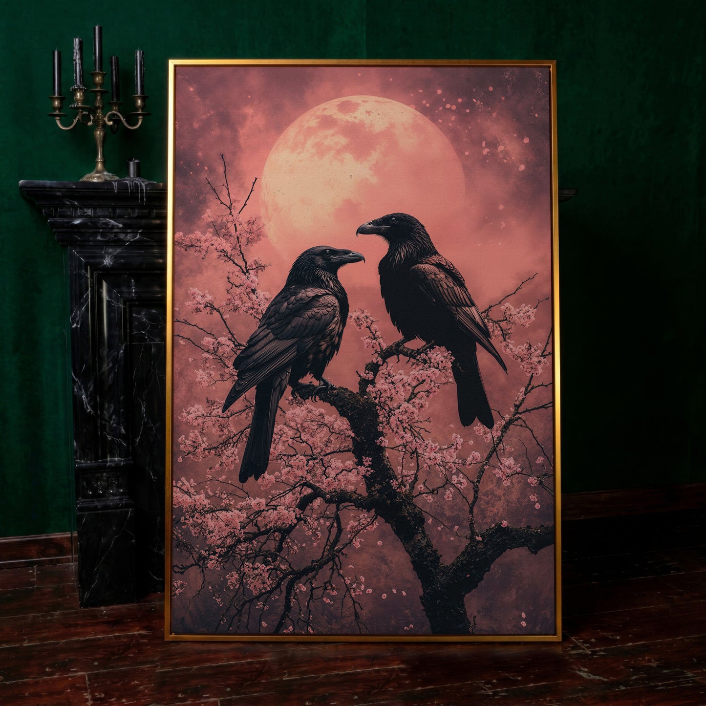 Raven Pair in Moonlit Sakura Canvas Print in antique gold floating frame