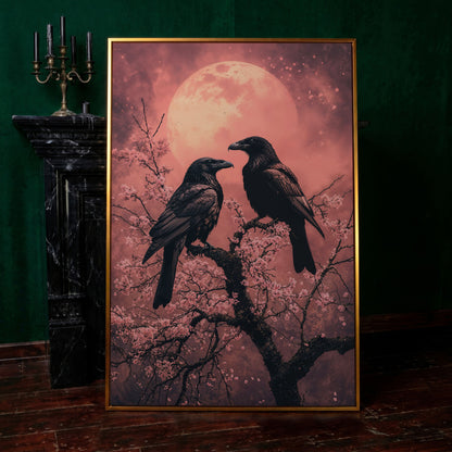 Raven Pair in Moonlit Sakura Canvas Print in antique gold floating frame