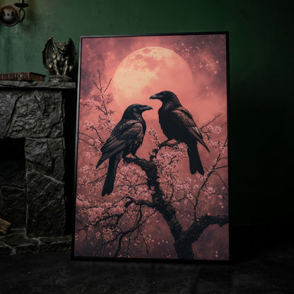 Raven Pair in Moonlit Sakura Canvas Print in black floating frame