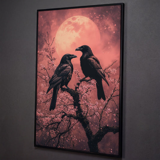 Raven Pair in Moonlit Sakura Canvas Print shown in black floating frame