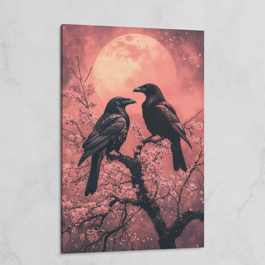 Raven Pair in Moonlit Sakura Canvas Print on gallery wrap