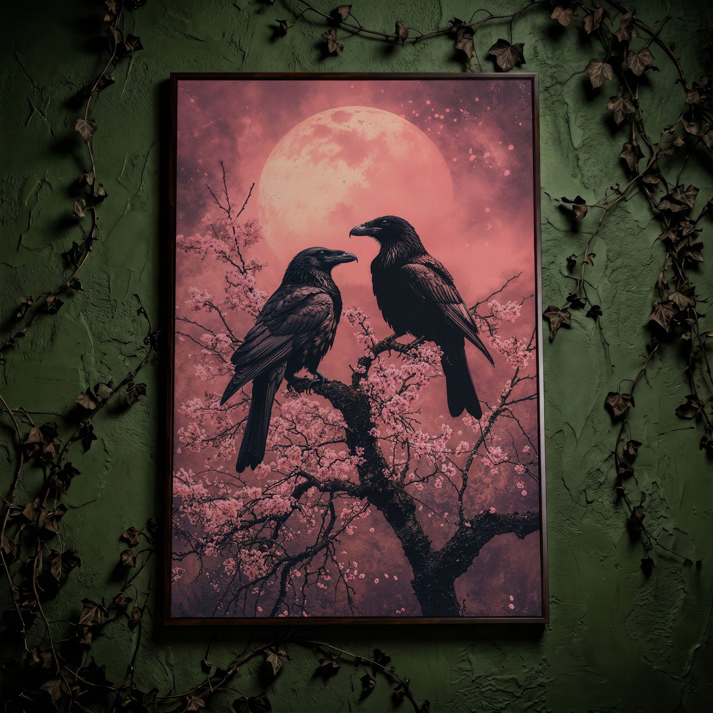 Raven Pair in Moonlit Sakura Canvas Print in dark walnut floating frame