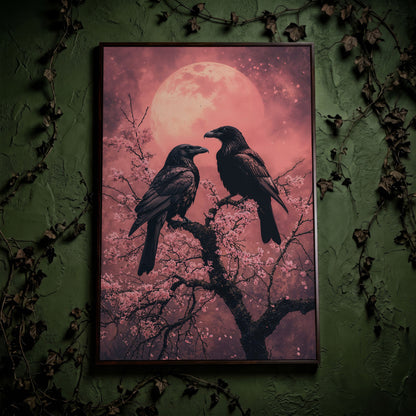 Raven Pair in Moonlit Sakura Canvas Print in dark walnut floating frame