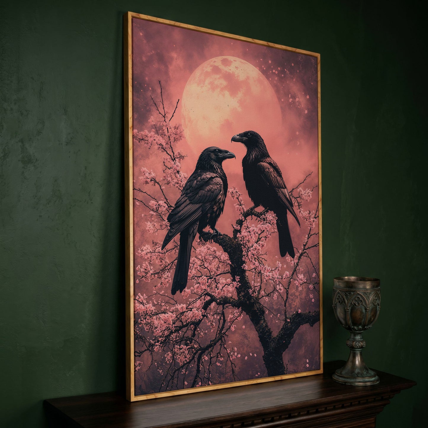 Raven Pair in Moonlit Sakura Canvas Print in white oak floating frame