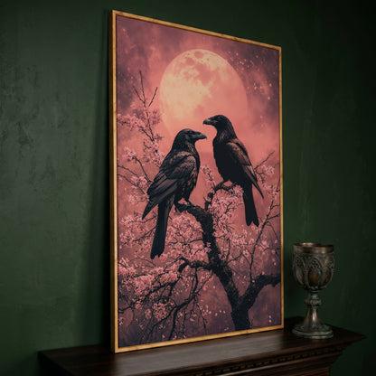 Raven Pair in Moonlit Sakura Canvas Print in white oak floating frame