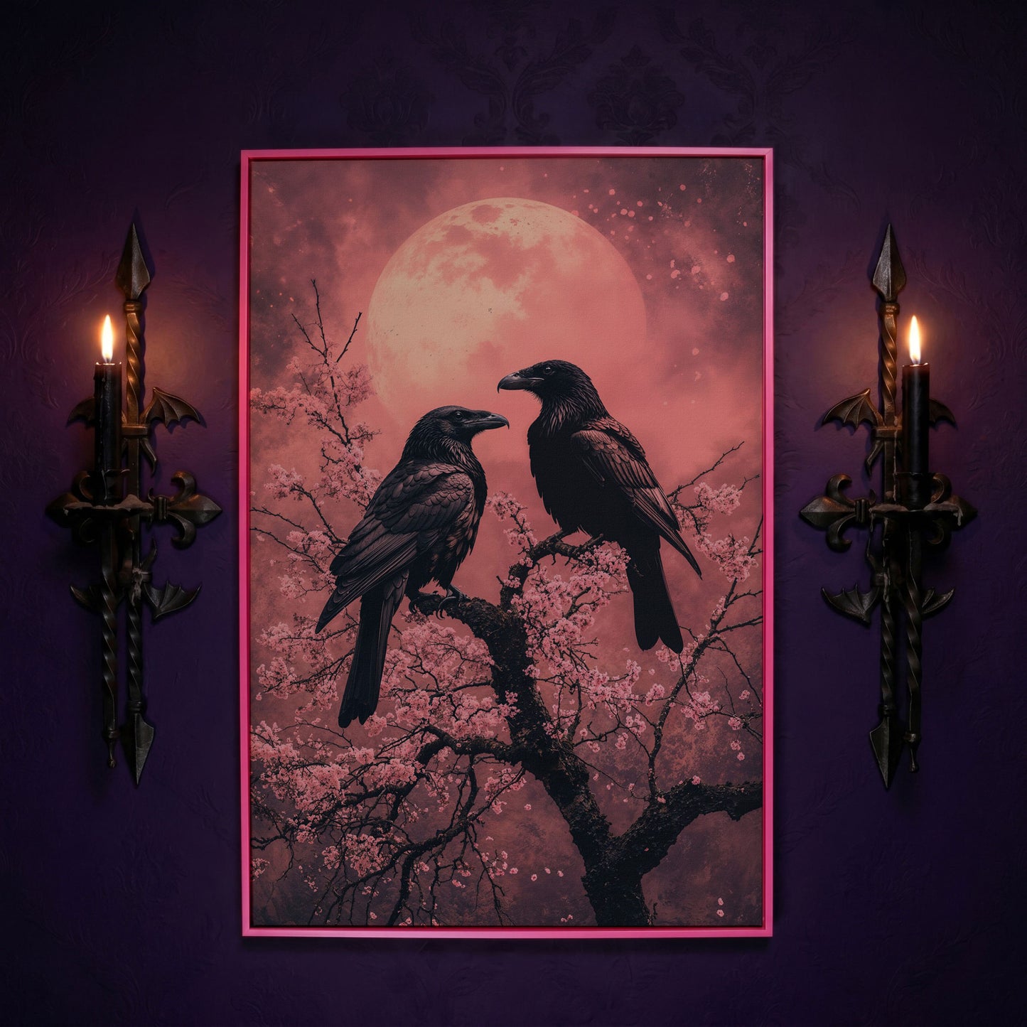 Raven Pair in Moonlit Sakura Canvas Print in pink floating frame