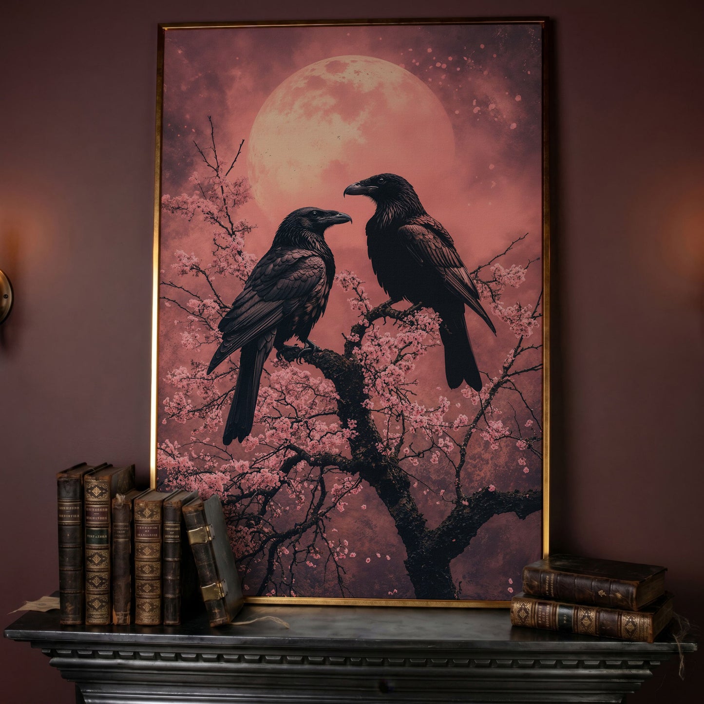 Raven Pair in Moonlit Sakura Canvas Print in rose gold floating frame