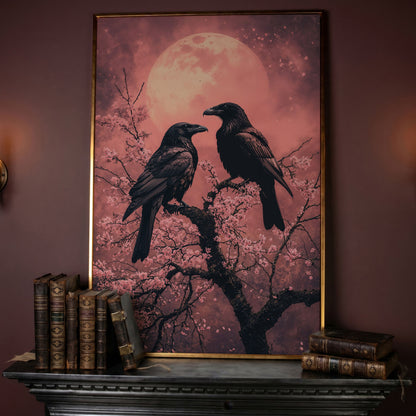 Raven Pair in Moonlit Sakura Canvas Print in rose gold floating frame