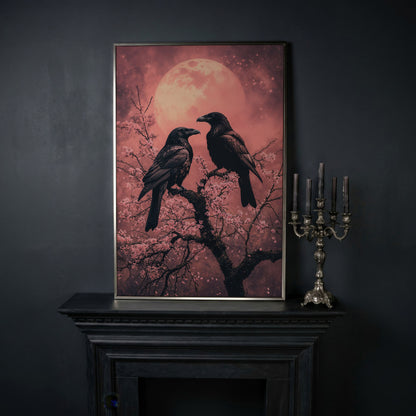 Raven Pair in Moonlit Sakura Canvas Print in silver floating frame