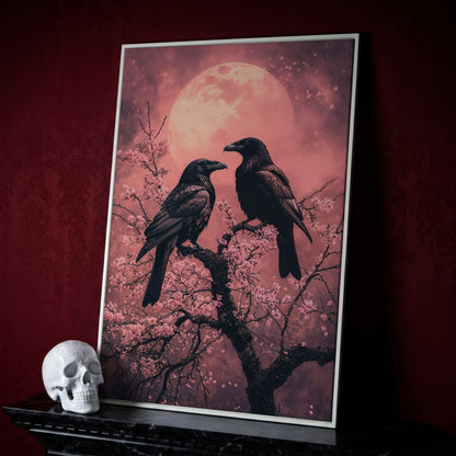 Raven Pair in Moonlit Sakura Canvas Print in white floating frame