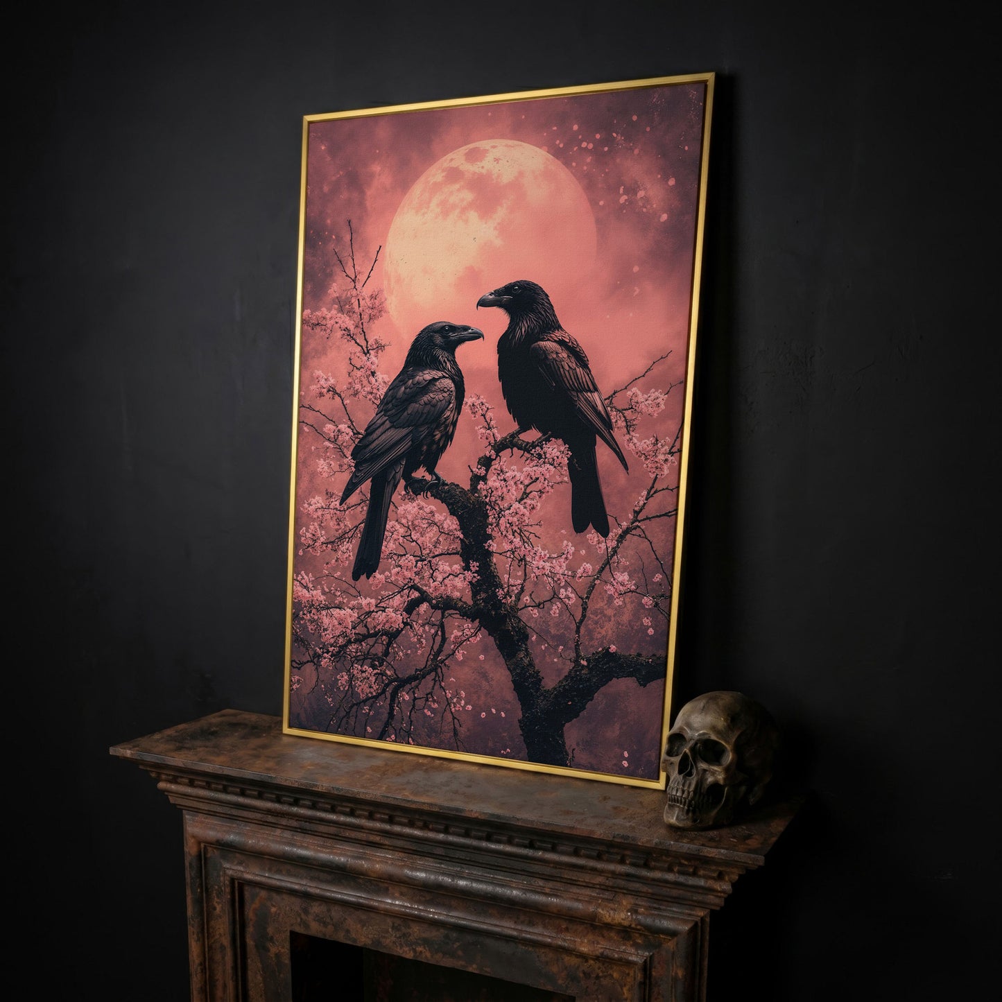Raven Pair in Moonlit Sakura Canvas Print in yellow gold floating frame