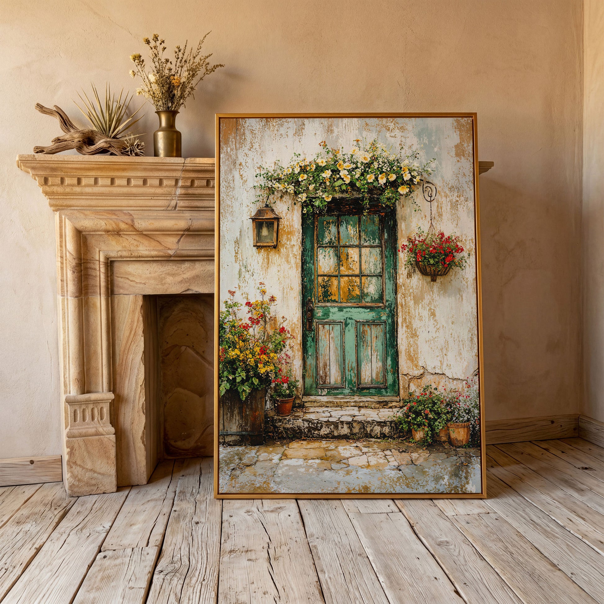 Rustic Green Door with Flowers Canvas Wall Art in antique gold floating frame