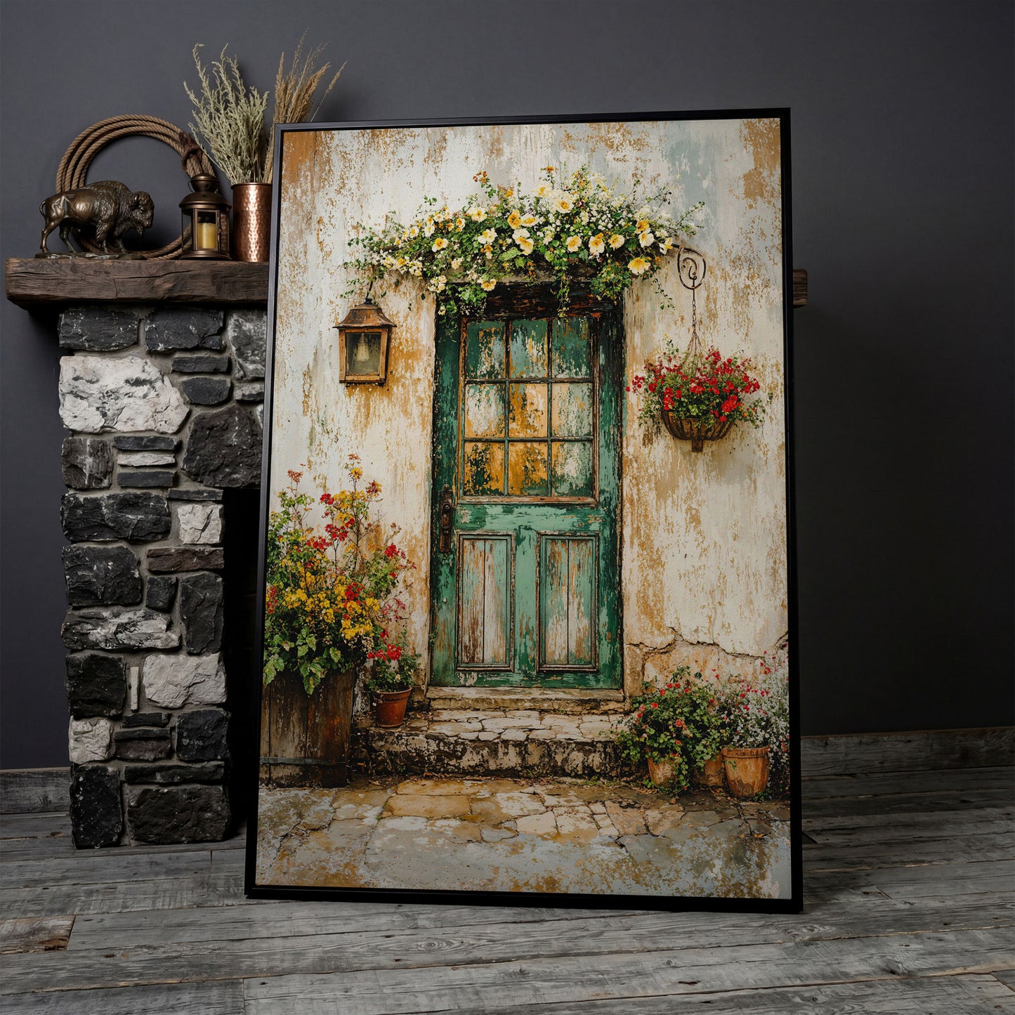 Rustic Green Door with Flowers Canvas Wall Art in black floating frame