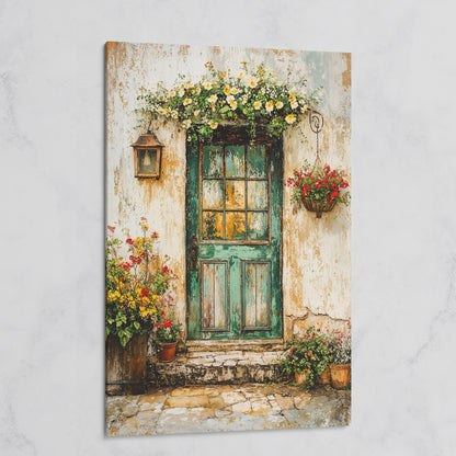 Rustic Green Door with Flowers Canvas Wall Art on gallery wrap
