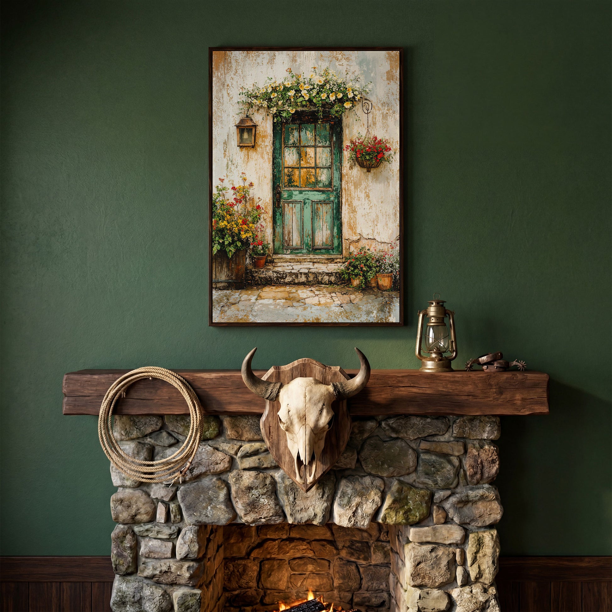Rustic Green Door with Flowers Canvas Wall Art in dark walnut floating frame