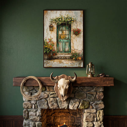 Rustic Green Door with Flowers Canvas Wall Art in dark walnut floating frame