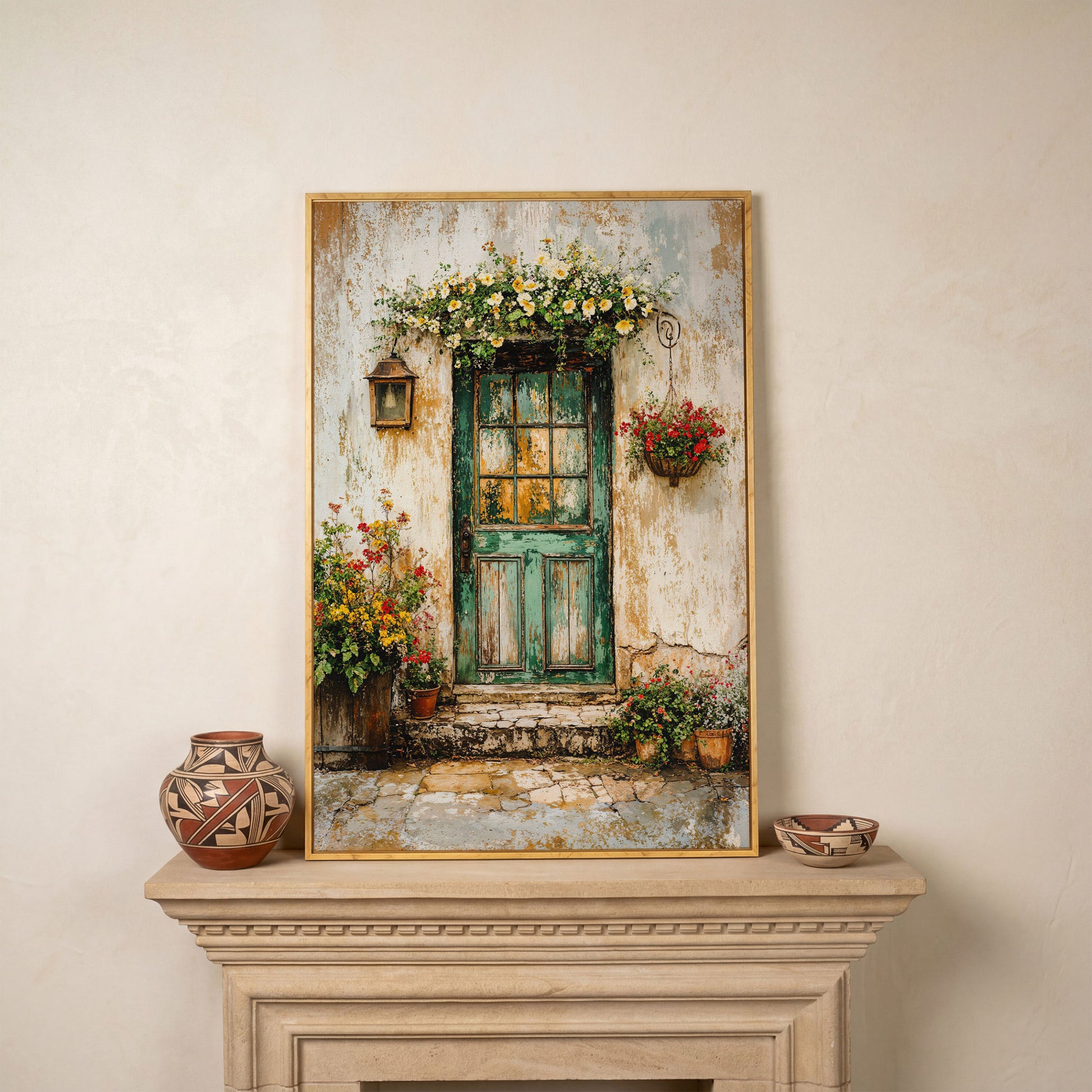 Rustic Green Door with Flowers Canvas Wall Art in white oak floating frame