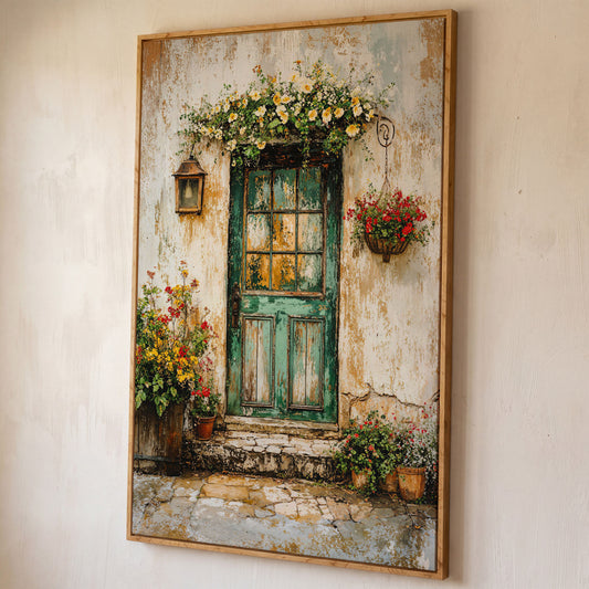 Rustic Green Door with Flowers Canvas Wall Art shown in white oak floating frame