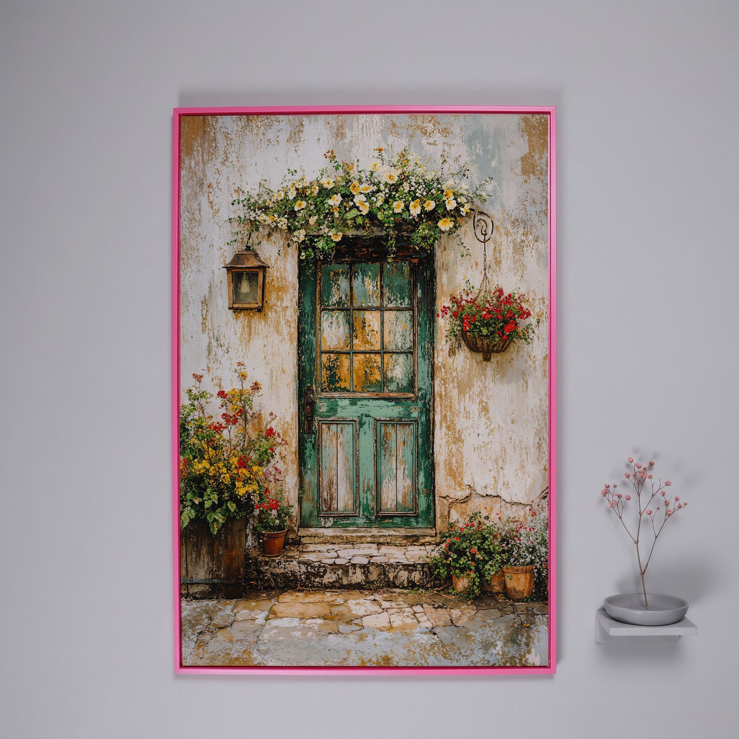 Rustic Green Door with Flowers Canvas Wall Art in pink floating frame