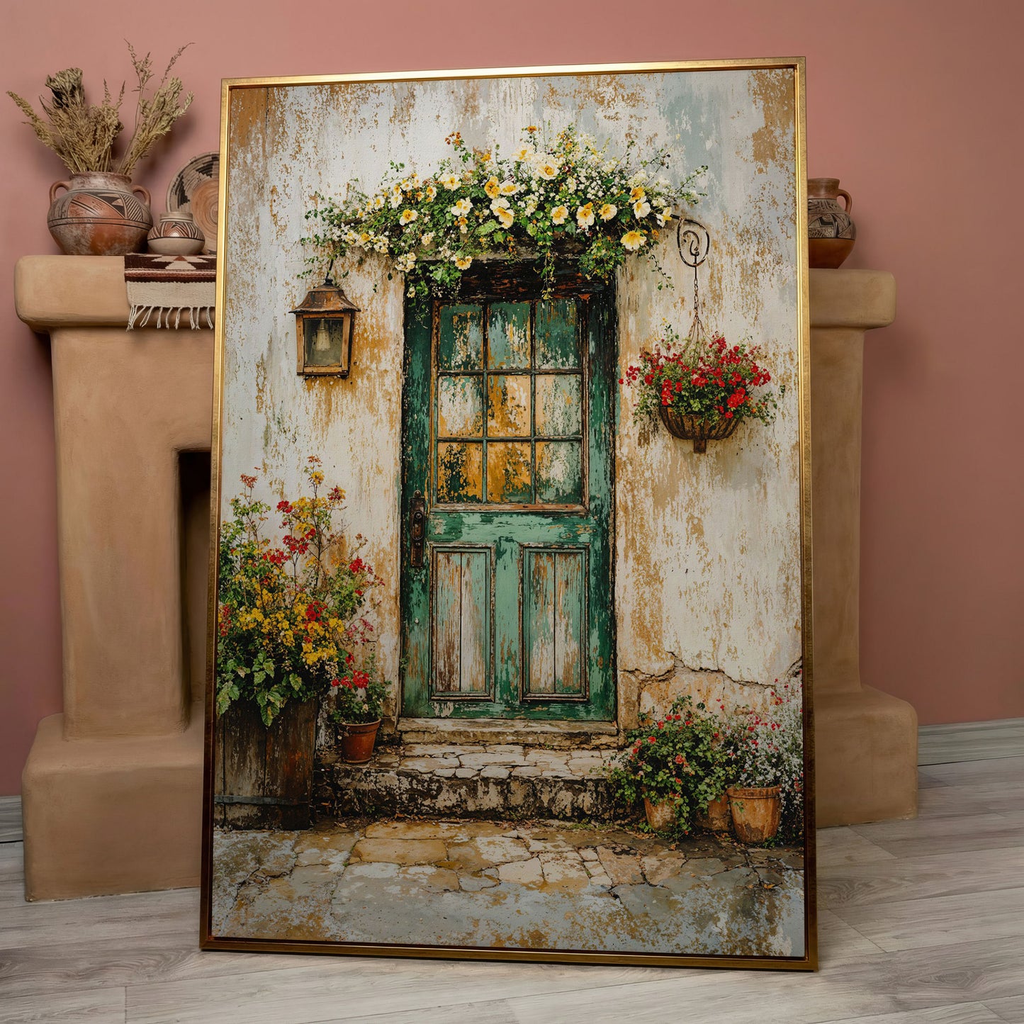 Rustic Green Door with Flowers Canvas Wall Art in rose gold floating frame