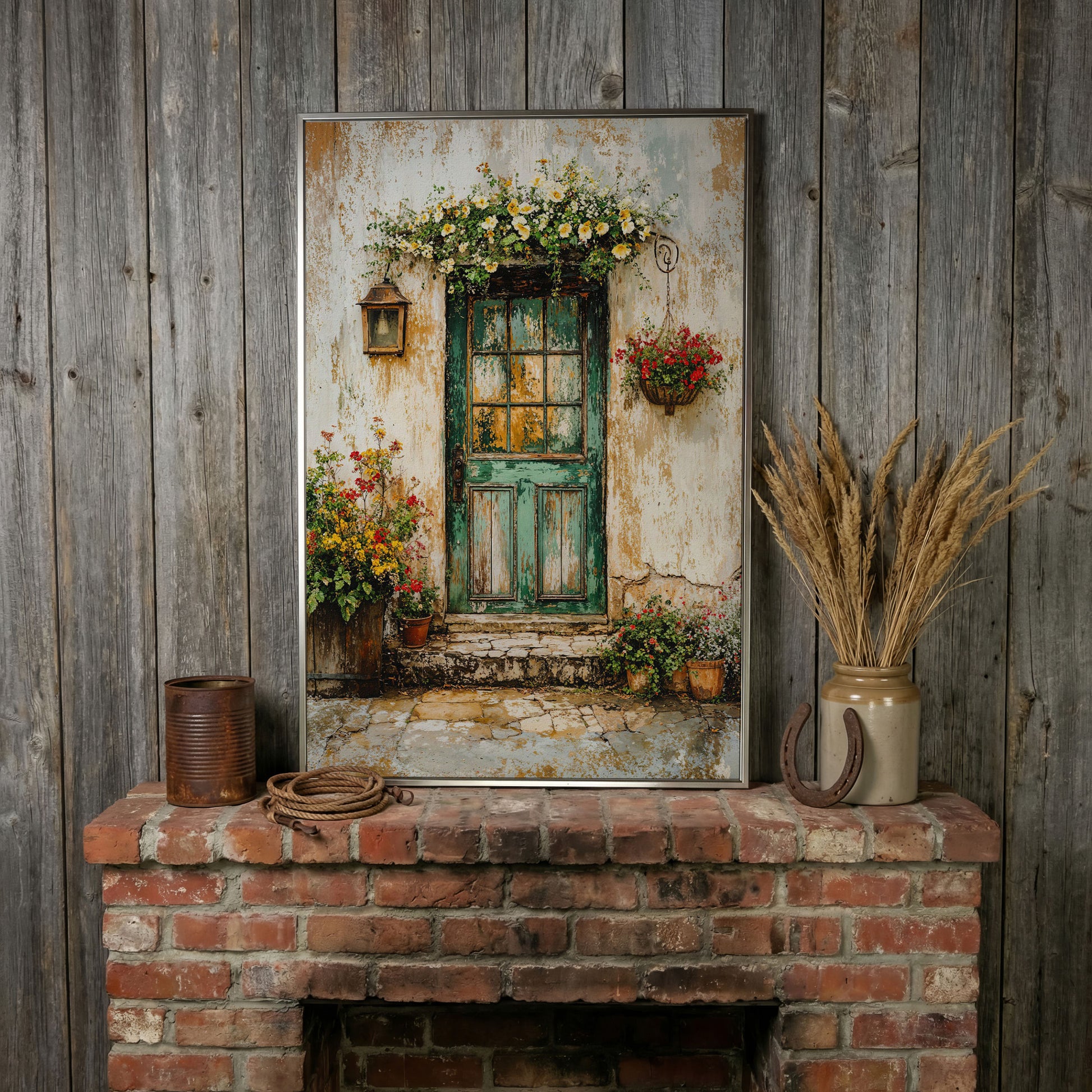 Rustic Green Door with Flowers Canvas Wall Art in silver floating frame