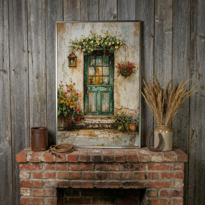 Rustic Green Door with Flowers Canvas Wall Art in silver floating frame