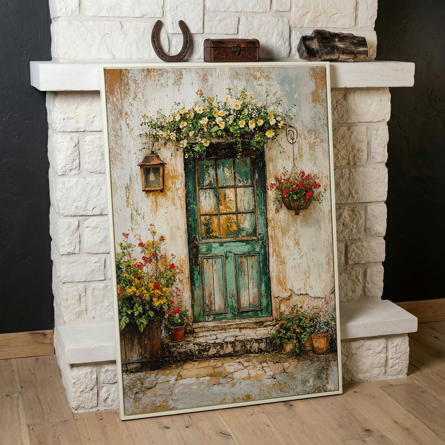 Rustic Green Door with Flowers Canvas Wall Art in white floating frame