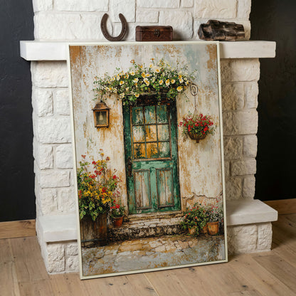 Rustic Green Door with Flowers Canvas Wall Art in white floating frame