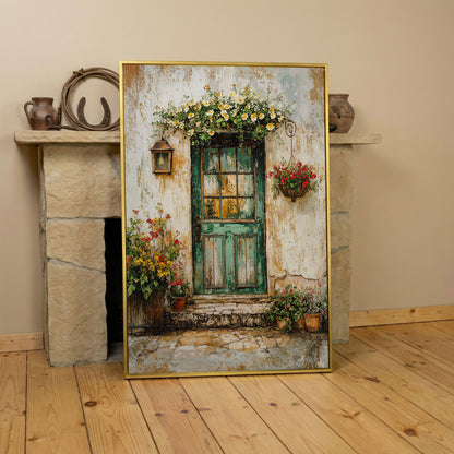 Rustic Green Door with Flowers Canvas Wall Art in yellow gold floating frame